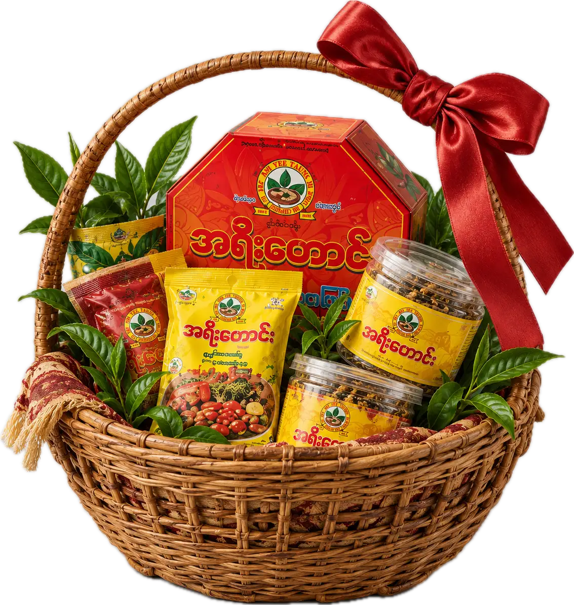 A woven basket of Ah Yee Taung laphet packs and the red octagonal gift box, tied with a red ribbon.