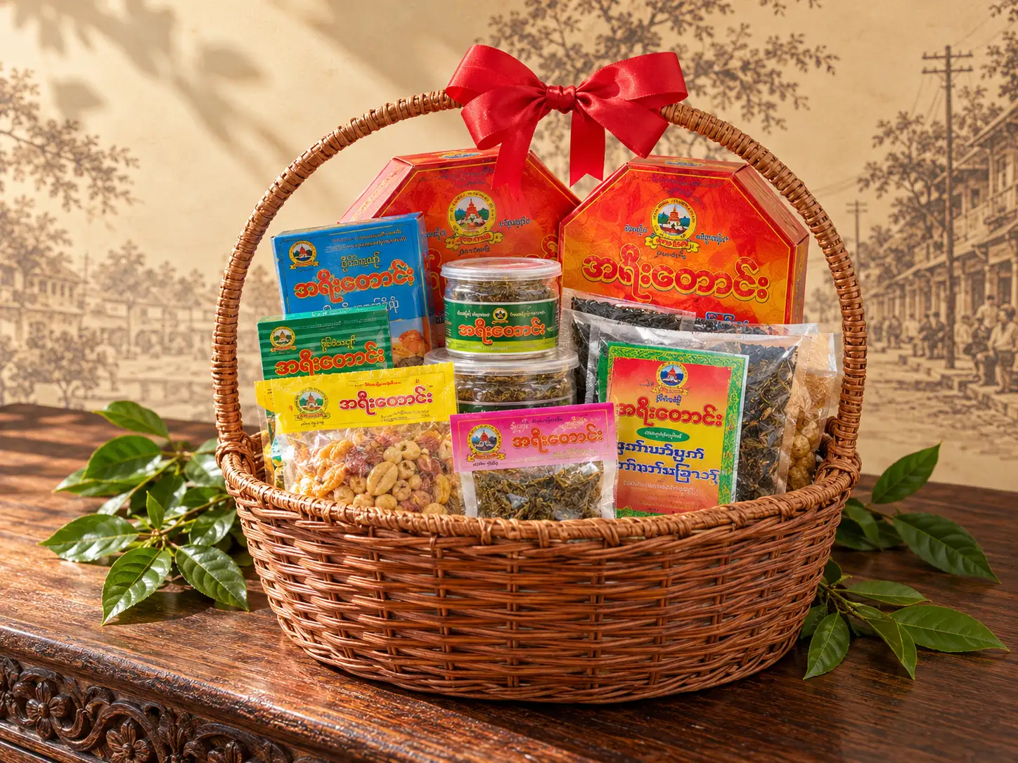 A woven gift basket of Ah Yee Taung products tied with a red bow.