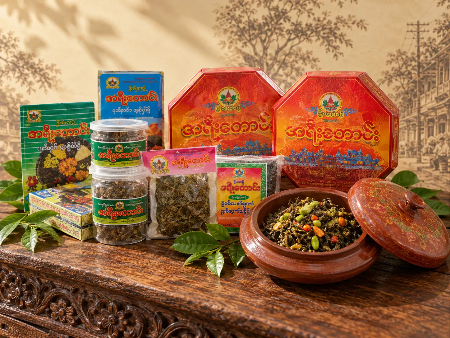 The red octagonal Ah Yee Taung gift box and a laphet pouch beside bowls of pickled tea leaves.