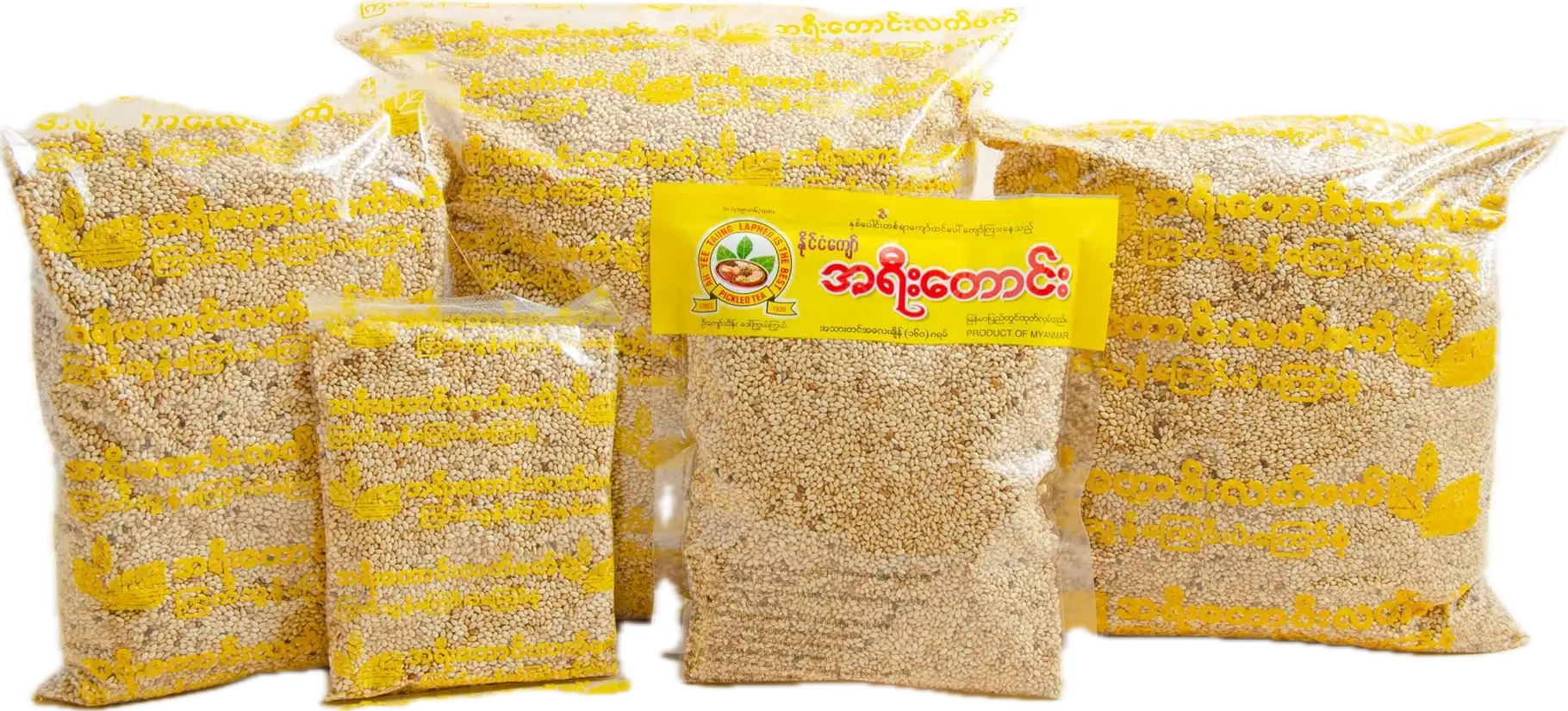 Ah Yee Taung yellow family packs of laphet in four sizes.