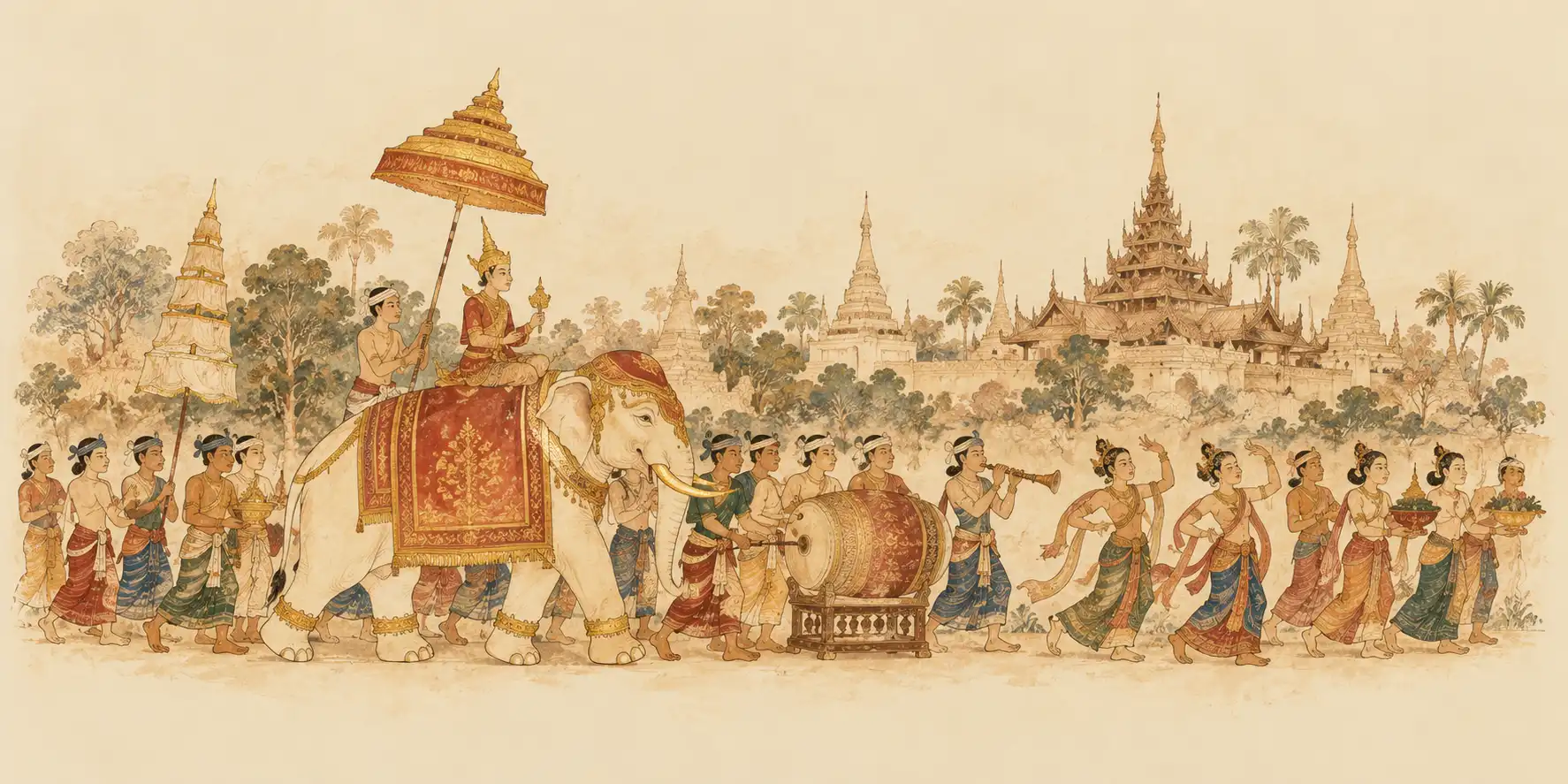 Mural-style painting of a festival procession: a white elephant under a golden parasol, drummers, dancers and villagers in traditional dress.