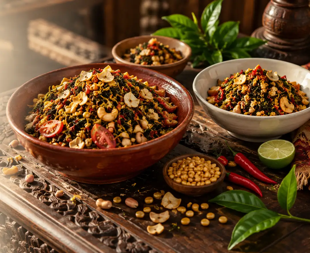 Three bowls of laphet salad on a dark carved table, with fried beans, peanuts, chilli and lime around them.