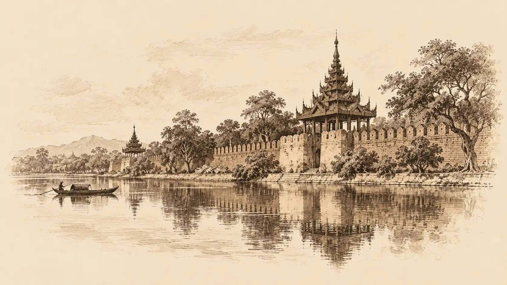 Sepia engraving of the Mandalay Palace moat, its wall and tiered spire reflected in still water.