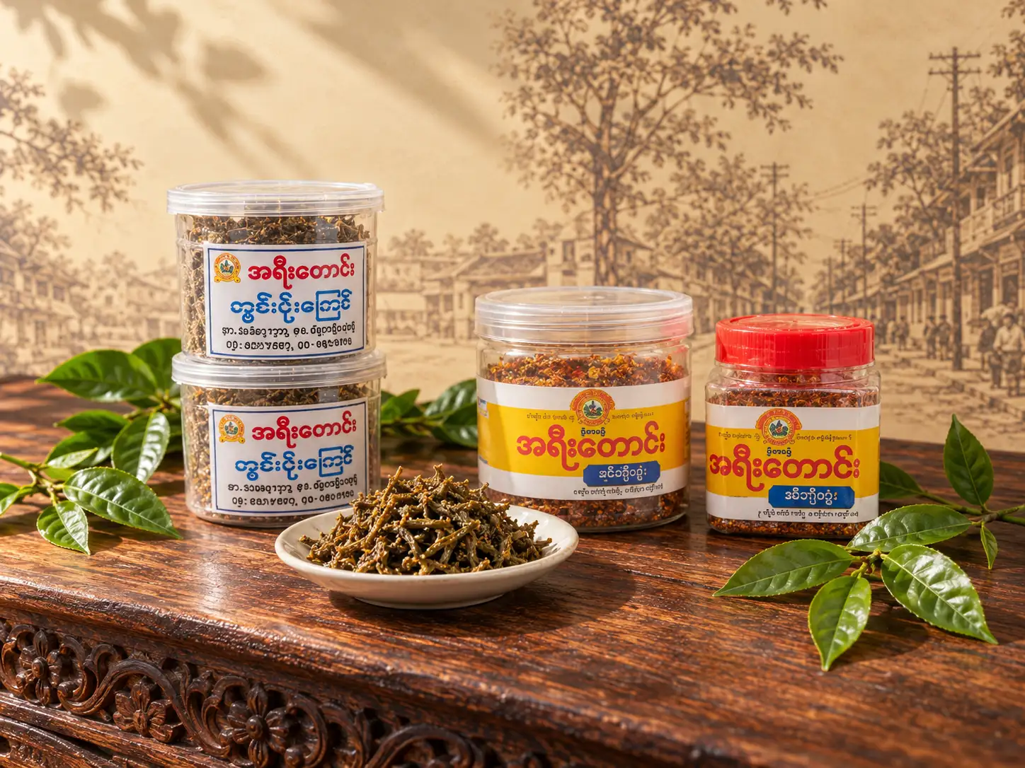 Clear Ah Yee Taung tins with green and yellow labels beside loose tea leaves.